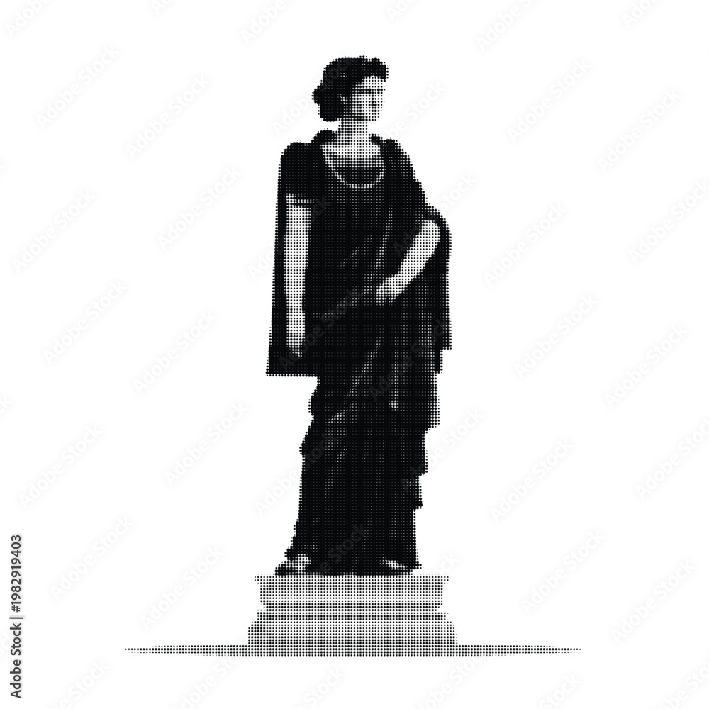 Fototapeta premium Vintage black halftone dot pattern roman goddess statue illustration for historical art designs and classic cultural projects that make sells