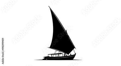 Silhouette of a traditional dhow sailing boat with large triangular sail on white background