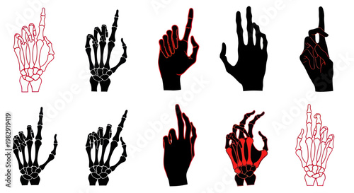 Skeleton Hands Pointing Up, Silhouette and Outline, Isolated on White Background