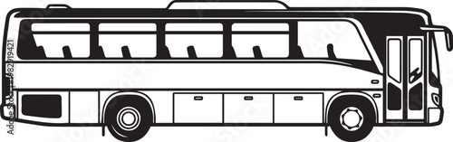 Modern tour bus vector illustration, side view of a commercial passenger coach, black and white shuttle bus icon for travel and transportation