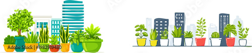 Urban gardening concept with vibrant planters lined up on a balcony against modern city buildings, featuring muted green and charcoal tones in a clean, flat vector graphic style