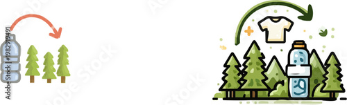This flat vector illustration of a circular economy chart highlights the reuse process, featuring a reusable water bottle icon transitioning into terracotta trees, symbolizing sustainability and