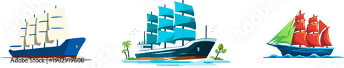 A flat vector illustration of a generic electric cargo ship features large rigid sails in muted navy and white colors, embodying a green shipping concept with clean, 2D artistry