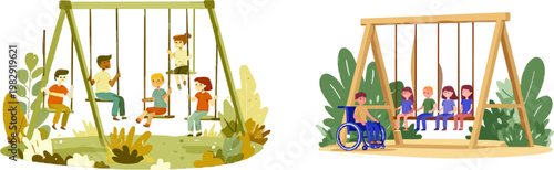 A flat vector illustration depicts a inclusive playground featuring a wheelchair-accessible swing surrounded by diverse children enjoying the vibrant yet muted colors of nature