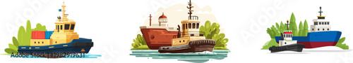 A flat vector illustration depicts a yellow electric tugboat towing a large ship in a green harbor, showcasing sustainable maritime logistics with muted blue and silver tones