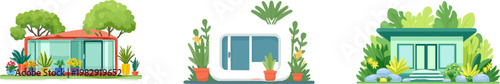 A modern, flat vector illustration depicts a minimalist office pod nestled within a botanical garden, featuring vibrant greenery and a biophilic design with muted teal and grey tones