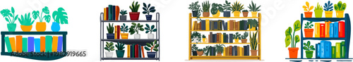 A minimalist flat vector illustration depicts a modern modular shelving unit adorned with vibrant plants in various colored pots, complemented by an assortment of colorful books, all set against a