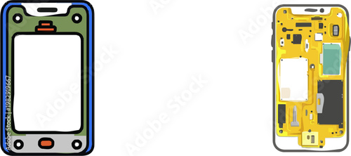 This flat vector illustration depicts a generic modular smartphone designed for easy home repair and battery replacement, featuring a muted teal and grey color scheme with no shadows