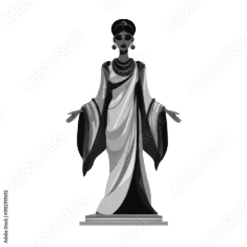 Ancient Egyptian Goddess Statue Halftone Dot Art Black and White Vector Illustration for Mythology History Culture Design