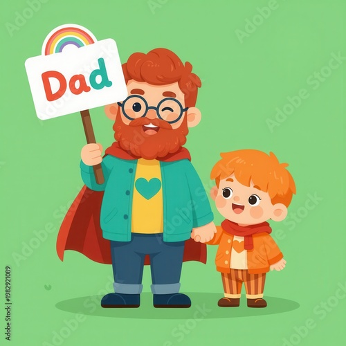 Happy Father and Son Holding a Dad Sign with Rainbow, Celebrating Fatherhood with Love and Joy in a Colorful Illustration Style.