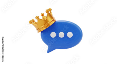 Vector illustration of 3d render of a blue speech bubble icon wearing a golden crown on a transparent background
