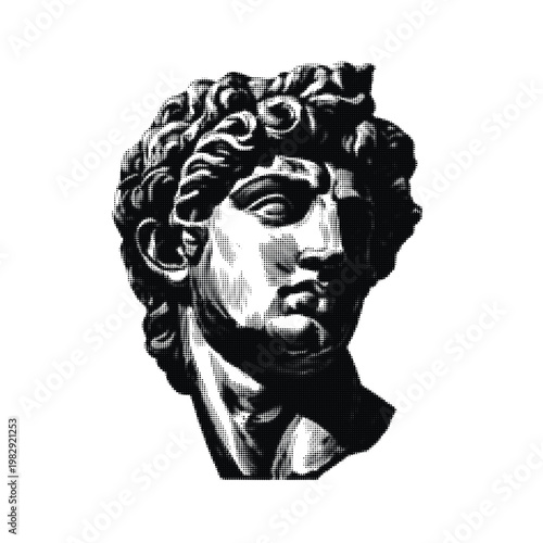 Black and white halftone Greek bust statue Roman sculpture head historic art classic decor print poster vector