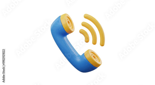 Vector illustration of 3d render of a blue telephone handset with yellow accents and signal waves on a transparent background