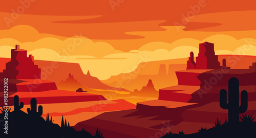 Vibrant desert landscape at sunset with dramatic rock formations and silhouetted cacti