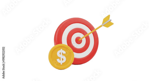 Vector illustration of 3d render of a golden dollar coin next to a red target with an arrow on a transparent background