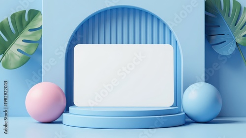 Minimalist Blue Podium Display with Pink and Blue Spheres and Monstera Leaves for Product Showcase or Advertising Mockup in 3d Style