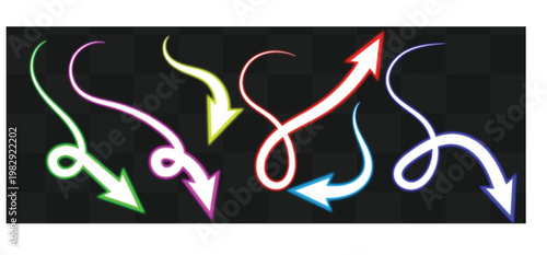 Neon arrow icons on transparent background vector graphics set colorful glowing arrows