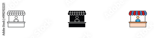 Market stall and ticket booth icon set with vendor character. Minimalist collection of street food stand and customer service desk symbols. Vector Illustration.