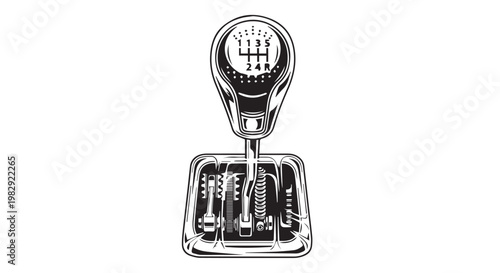 Vintage manual car gear shifter vector illustration, classic automotive transmission stick shift, retro 6-speed gear lever icon for car enthusiasts