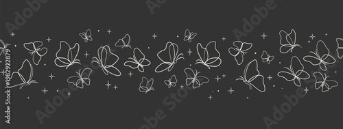 Seamless butterfly border with continuous line drawings and subtle sparkles minimal elegant horizontal design for website headers packaging branding fabric and decorative layouts.Vector illustration