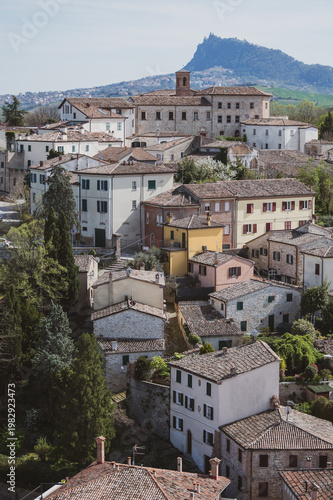 Italy, 10 April 2026: Medieval village Verucchio with Rocca Malatestiana on hilltop, Valmarecchia landscape Rimini Emilia Romagna, historic borgo architecture, scenic view