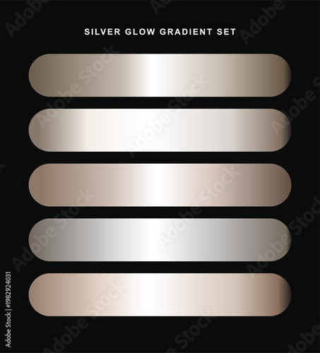 Silver glow metallic gradient vector collection featuring five horizontal rounded rectangle bars on a solid black background.