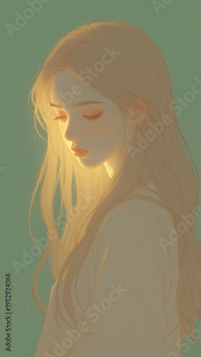 Serene anime-style portrait of a young woman with closed eyes and flowing hair in soft pastel tones