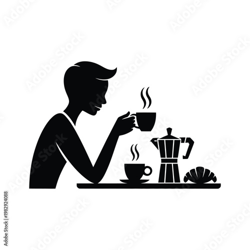 Man Drinking Coffee Silhouette - Morning Coffee Break with Moka Pot and Croissant - Minimalist Barista Style Breakfast Illustration - Man in Cafe Enjoying Hot Beverage Vector Art.