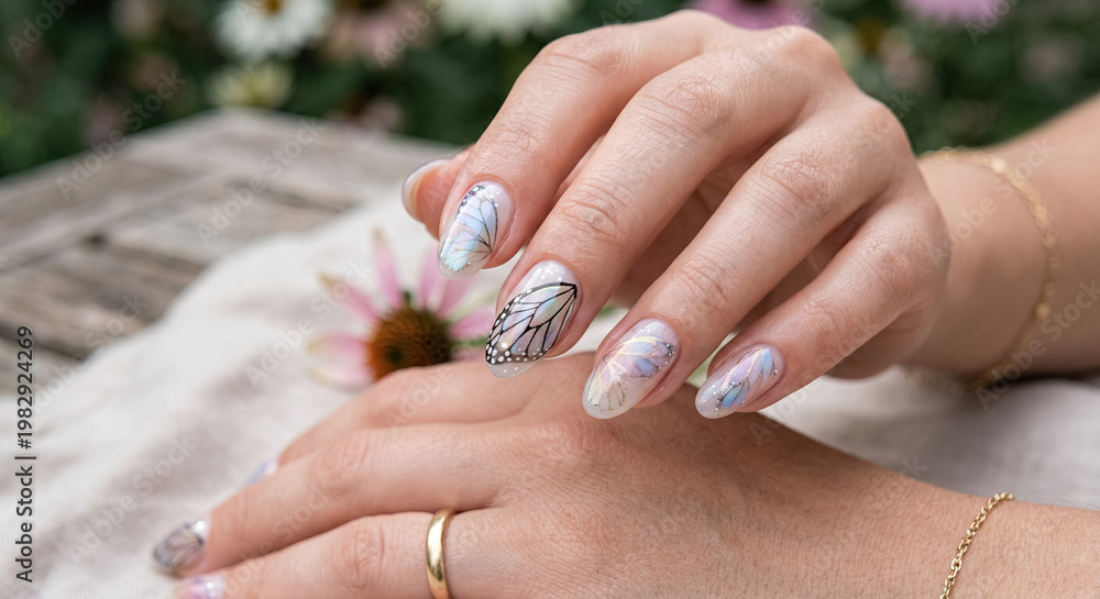 Fototapeta premium Elegant manicure with daisy flower on feminine hands over rustic wood.generative AI