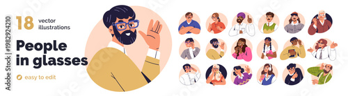 Happy people in glasses set. Avatars of men and women wearing spectacles, eyeglasses. Diverse characters looking through eyewear for bad eyesight. Flat vector illustration isolated on white background
