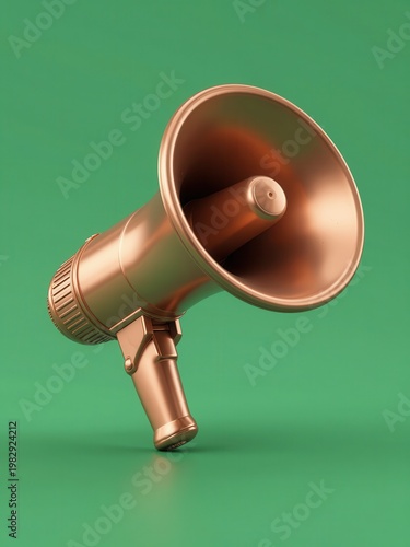 Shiny Copper Megaphone Speaker Icon Isolated on Solid Green Background with Soft Shadow and Metallic Finish for Announcement or Broadcasting Concept