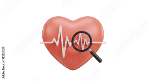 Vector illustration of 3d illustration of a heart with an ekg line and a magnifying glass on a transparent background
