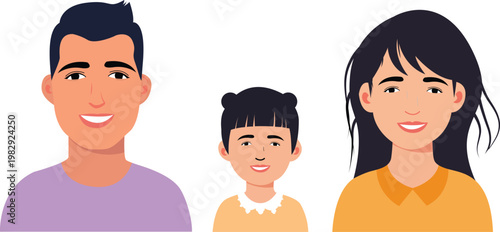 Happy Diverse Family Portrait - Father, Mother, Daughter Cartoon Style