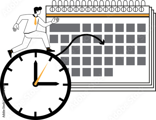 Businessman running on clock towards calendar representing time management and project deadlines