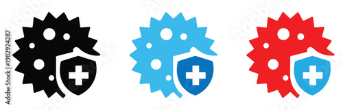 Medical Protection Shield and Virus Bacteria Icon Set for Healthcare Safety, Immune System Support, Disinfectant Hygiene, and Pandemic Prevention