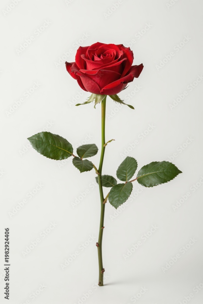 Fototapeta premium Single Vibrant Red Rose on White Background Isolated for Design or Floral Photography Use