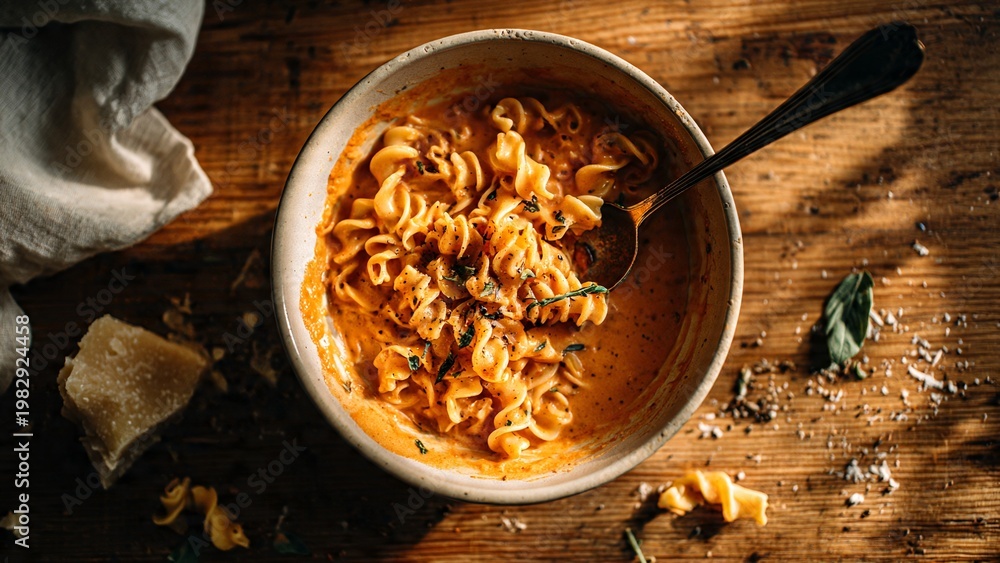 Fototapeta premium Creamy Tomato Fusilli Pasta with Parmesan Cheese and Herbs for Italian Comfort Food Dining Concept