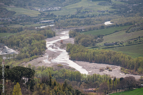 Italy, 10 April 2026: Panoramic view of Val Marecchia with Marecchia River and medieval hilltop villages, Emilia Romagna Rimini landscape, scenic countryside valley view