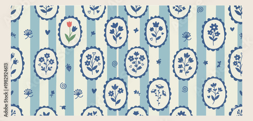 blue floral stripe and medallion seamless pattern, hand drawn botanical flower frames background, minimalist elegant textile design, aesthetic blue and white wallpaper, professional interior decor gra