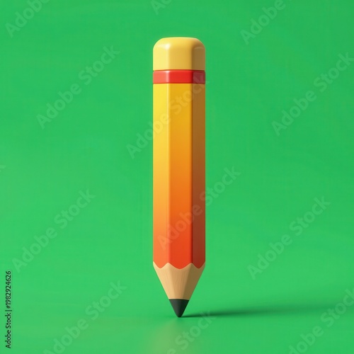 Stylized 3D Illustration of a Yellow and Orange Gradient Pencil with Red Band, Isolated on Green Background, Suitable for Education, Design, or Creative Content