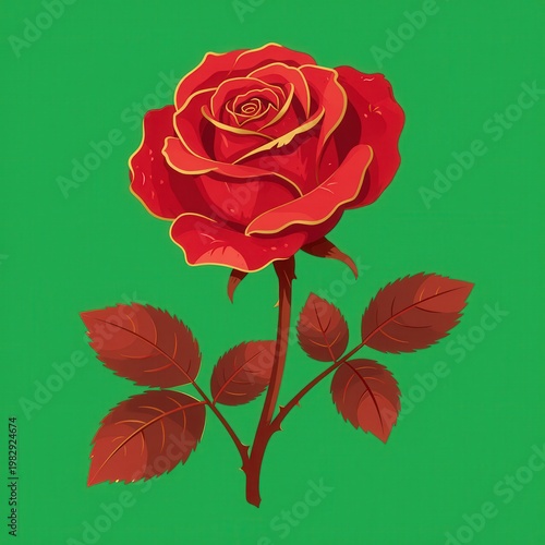 Stylized Red Rose Flower with Golden Leaf Edges on Green Background Vector Illustration for Web Design