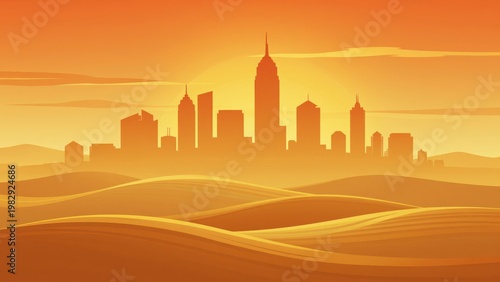 Sunset City Skyline Silhouette with Sand Dunes, Orange Gradient Sky, Vector Illustration for Travel, Business, or Urban Concept Design