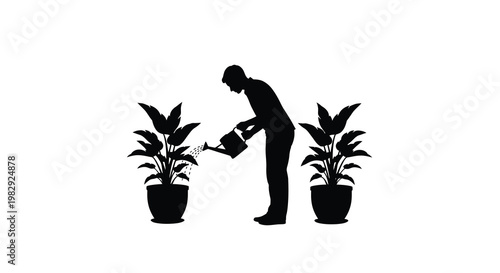 A silhouetted figure carefully waters lush potted plants with a watering can