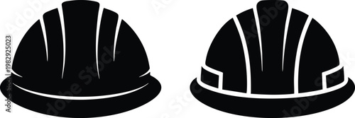 Minimalist Construction Hard Hat Silhouette Set, Modern Safety Helmet and Engineering Protection Icons, Black Vector Industrial Workwear and Site Safety Symbols.