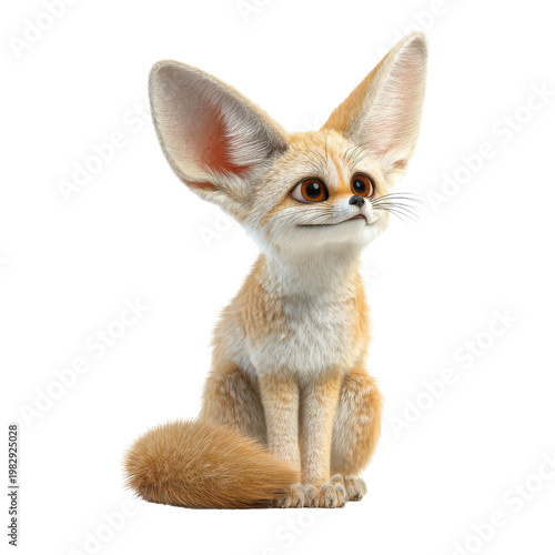 Cute fennec fox sits with large ears and fluffy tail, looking curiously at something during a bright setting