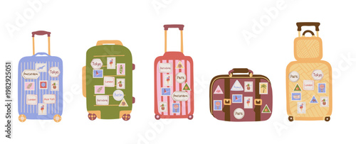 Travel Suitcase Set. Five Bags Isolated Vector