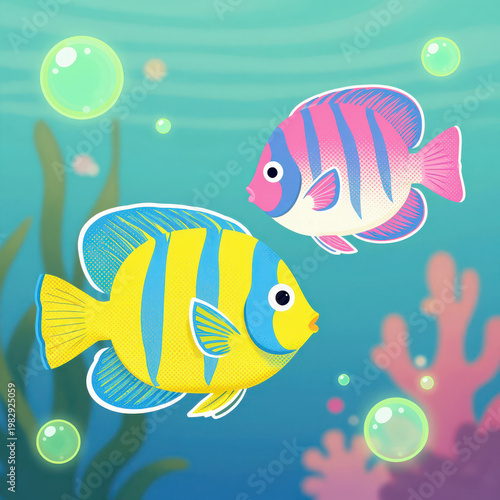 Two Colorful Tropical Fish Swimming among Coral and Bubbles