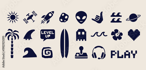 level up gaming and tech icons set, hand drawn gamer and hacker doodle art, aesthetic blue and white tech design, minimalist computer and internet icons, professional graphic design for developers, cr