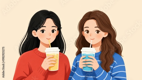 Two Smiling Women Friends Drinking Cold Beverages Together in a Cozy Casual Setting with Warm Tones and Vector Illustration Style
