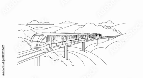 A futuristic train glides on elevated tracks through a scenic, cloudy landscape